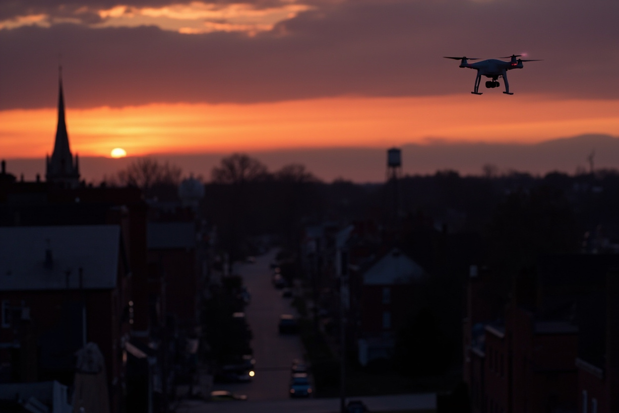 A police drone hovers above a Midwest city at dusk, symbolizing Springfield Ohio's new drone first responder program.