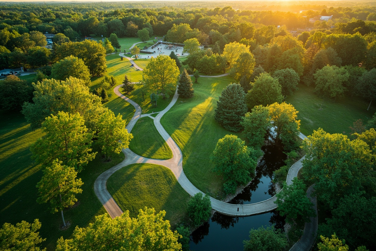 Aerial view of a lush park system with trails winding through mature trees along a creek