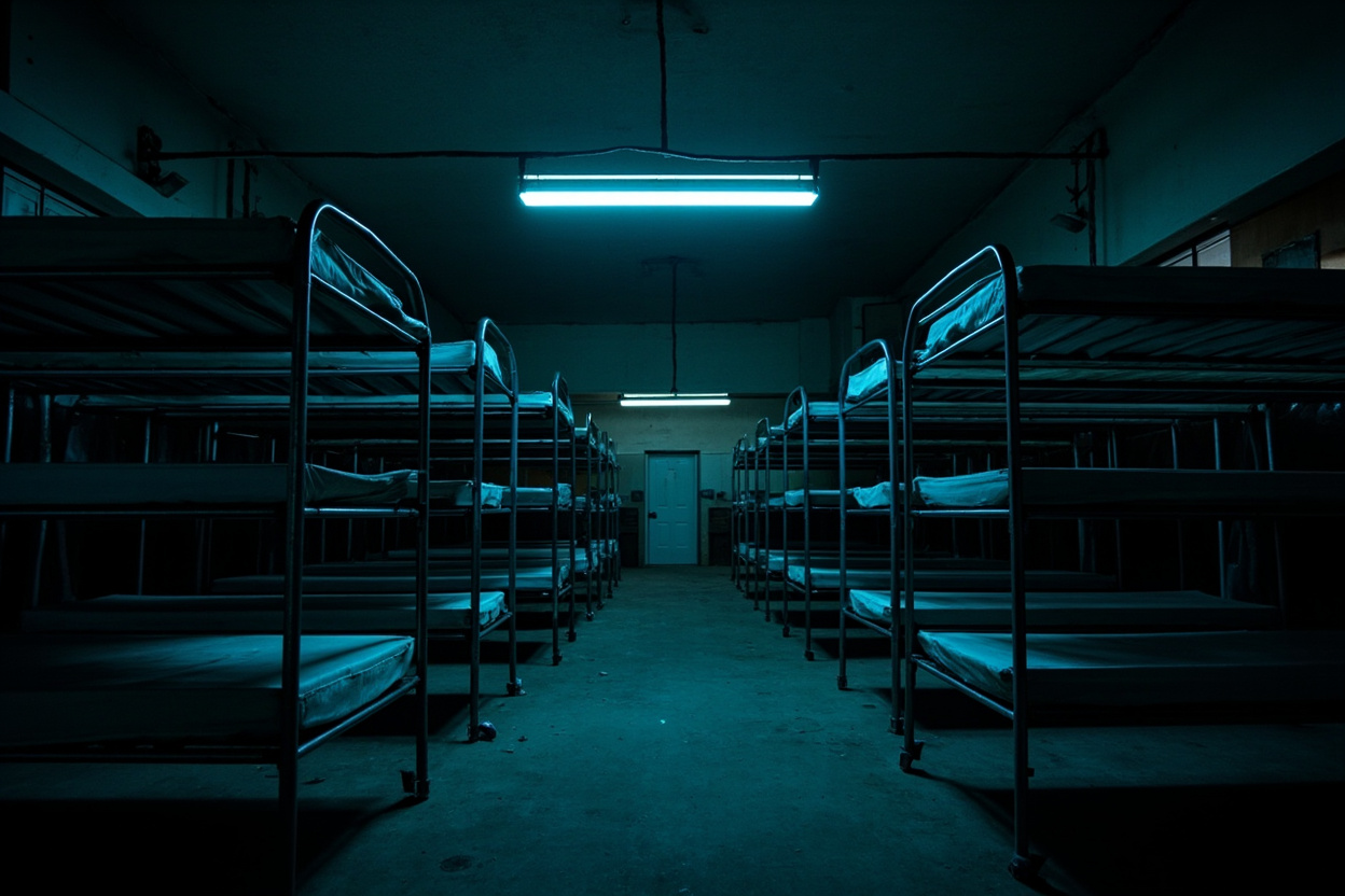 Empty homeless shelter beds in a dimly lit room