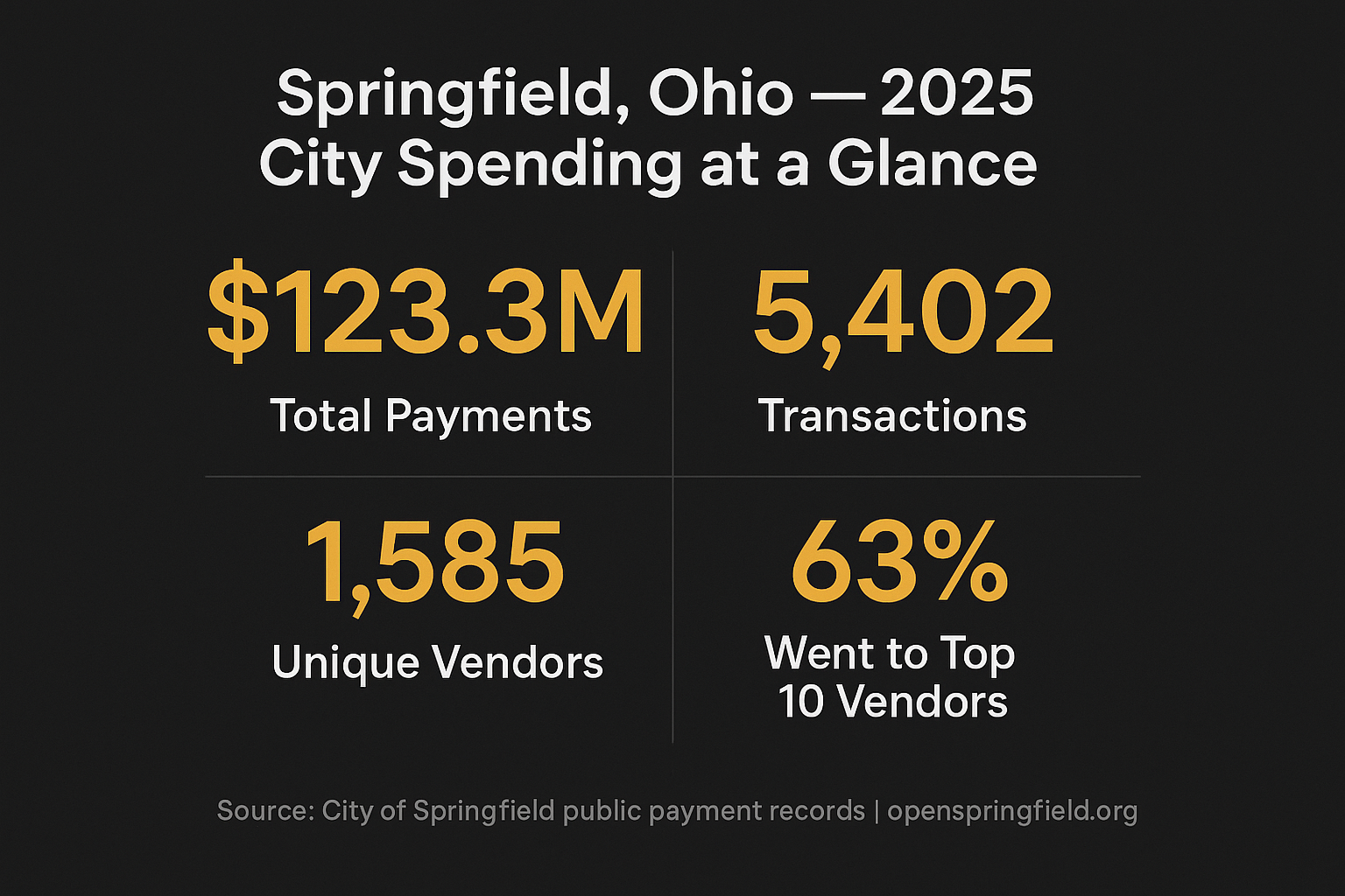 Springfield Ohio 2025 city spending at a glance: $123.3 million total payments, 5,402 transactions, 1,585 unique vendors, 63 percent went to the top 10 vendors